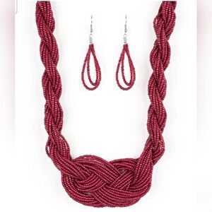 Red Wine Braided Necklace with Intricate Knot Design
